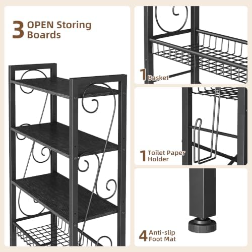 Over-The-Toilet Storage Rack 4-Tier,Bathroom Organizer Shelf Over Toilet,Adjustable Wooden Shelves and Basket,Freestanding Above Toilet Shelf,Space Saver for Rooms(Black Rack-Black Shelves) - Image 3