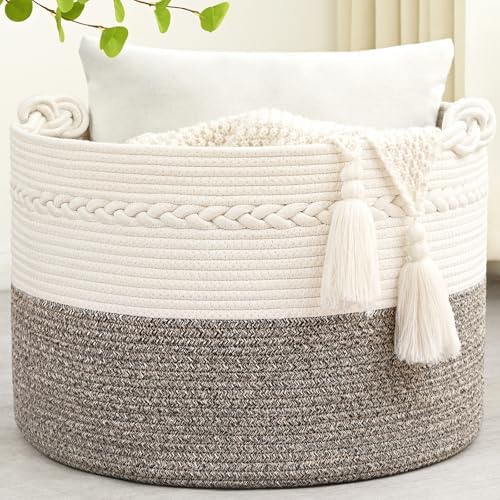 67L Large Blanket Basket, 20"x13" Woven Storage Baskets With Handle, Cotton Rope Blanket Basket Living Room, Baby Laundry hamper for Blanket, Nursery, Toy, Pillow (White & Grey) by Degeyoyo