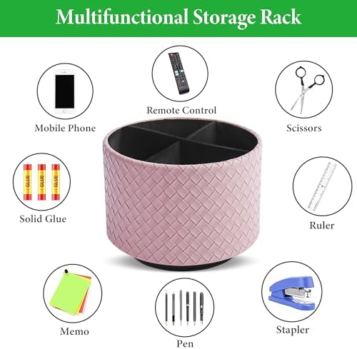 Round Leather Art Supply Organizer,Remote Control Holder,360 Degree Spinning,Multi-Functional Pencil Holder,4 Compartments Desktop Stationary Organizer(1-Weave Purple) - Image 5