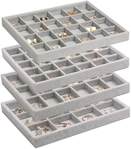 DIOMMELL Set of 4 Stackable Velvet Jewelry Trays Organizer, Jewelry Display Storage Box Showcase Holder Dresser Drawer Organizer for Earring Necklace Bracelet Ring Accessary, Grey by DIOMMELL