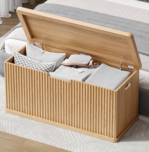 Akxomel 37.4" Fluted Storage Chest Wooden Storage Trunk 2 Safety Hinges Oak by Akxomel