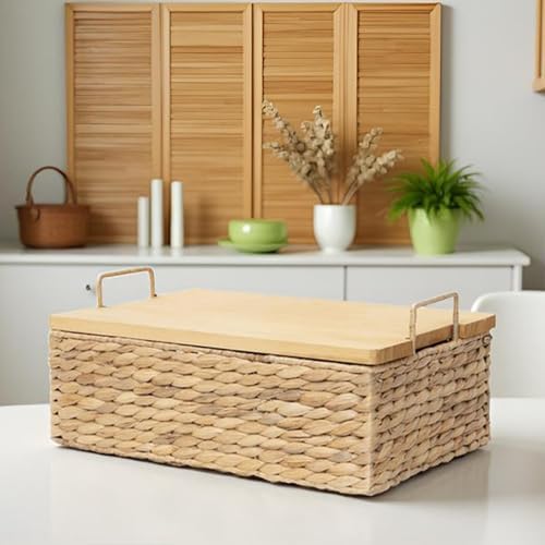 Handmade Water Hyacinth Wicker Baskets with Wooden Lid (Small) - Image 2