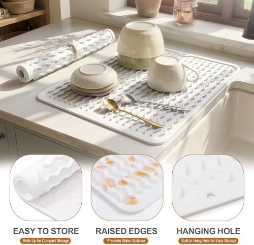 2 Pack Silicone Dish Drying Mat for Kitchen Counter Home Dining Placemats Waterproof Hot Pads Trivet Tray Rack Drainers Crafts Coffee Bar Accessories Funny Gifts for Women 15"x11.5" White - Image 2