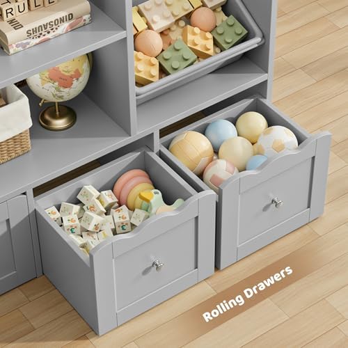 HITHOS 55" W Kids Toy Storage Organizer with 10 Toy Box & Book Shelf, Gray - Image 6