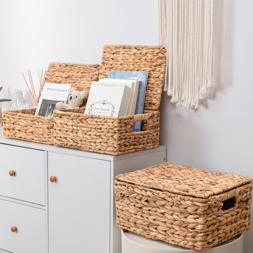 Wicker Storage Baskets, Hand-Woven Rectangular Wicker Basket with Lid for Bedroom & Living Room, Nesting Rattan Basket for Shelves (Water Hyacinth, 3-Pack) - Image 3