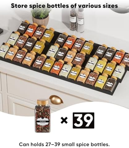 Spice Drawer Organizer, Spice Rack Tray for Kitchen Cabinet, Expandable Seasoning Storage Rack Insert for Drawer/Countertop,9 Pieces Set, Aluminum (Jars Not Included) - Image 4
