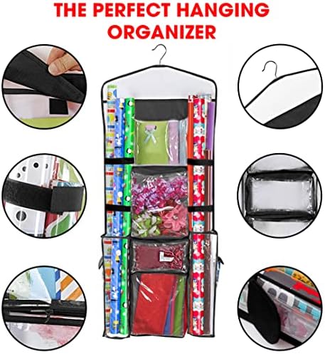Wrapping Paper Storage Hanging Over the Door Wrapping Paper Organizer Store Gift Wrap Gift Bags Ribbon Bows and Accessories 40”x17” Fits Long 40 Inch Rolls Double Sided Bag (Black Seam) - Image 3
