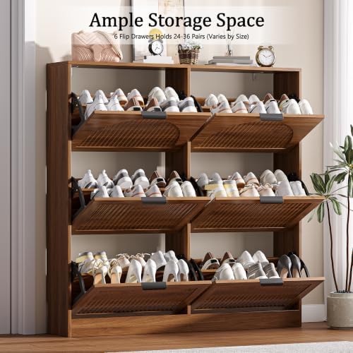 Fluted Shoe Storage Cabinet for Entryway, 6 Flip Drawers, Walnut - Image 3