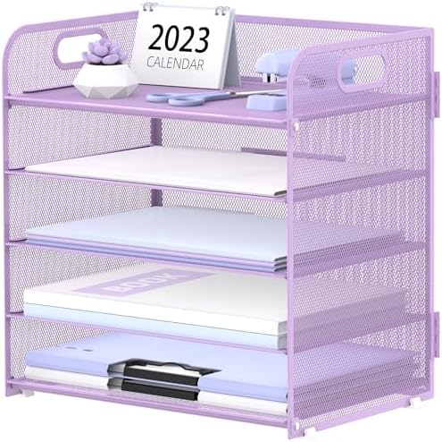 Supeasy 5 Trays Paper Organizer Letter Tray with Handle-Mesh Desk File Holders, Paper Sorter Desk Organizer for Office, Home, Classeoom or School, Purple by SUPEASY