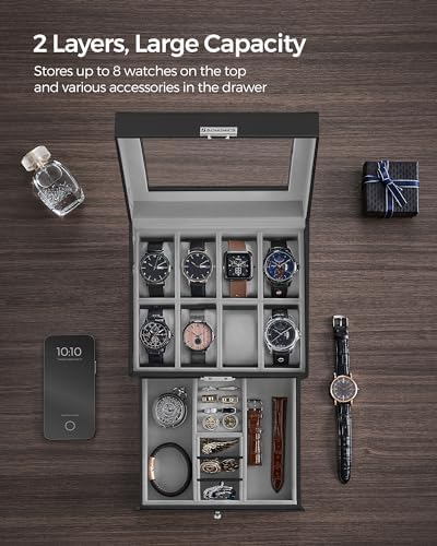 SONGMICS 8-Slot Watch Box, Lockable with Glass Lid, 2 Layers Watch Case - Image 4