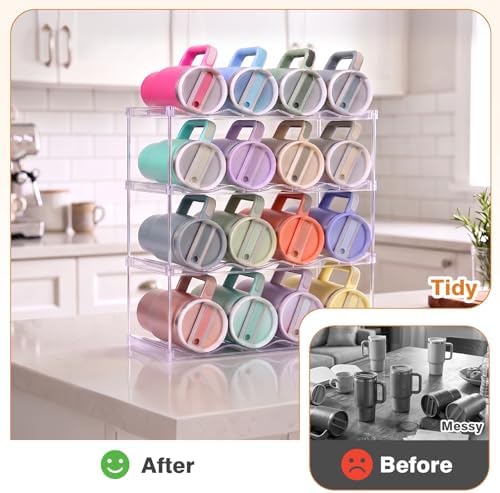 Large Compartment Water Bottle Organizer, Stackable Water Bottle Holder for Stanley 40 oz Tumbler, Clear Tumbler Organizer for Cabinet, Kitchen Pantry or Countertop, 3 Pack (4 Pack) - Image 3