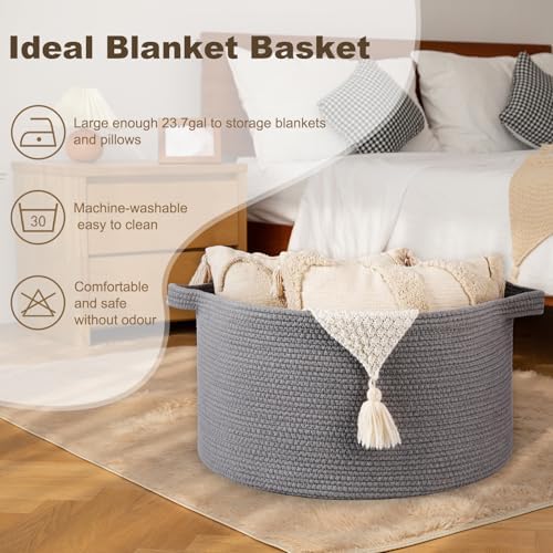 OIAHOMY 90L Extra Large Blanket Basket - Decorative Cotton Rope Storage Basket for Bedroom, Living Room & Nursery - Woven Laundry Hamper for Organizing Blankets, Clothes & Toys - Light Grey - Image 3