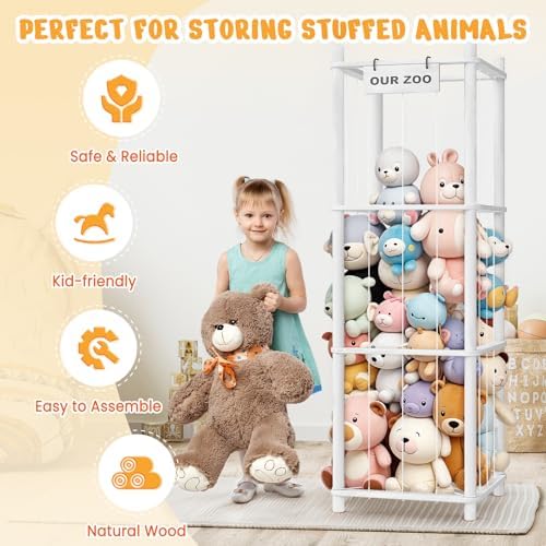 Woodure Stuffed Animal Storage & Organizer, Wooden Cute Zoo Toy Holder for Toddler Rooms, Playrooms & Bedrooms（White） - Image 2
