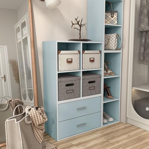 Homes: Inside + Out Apexa 4-Cube Storage Organizer Shelves, Stackable Wood Bookcase Fits Cubby Bins for Organization, Dorm Teen Room Decor & Home Office, Light Blue - Image 6