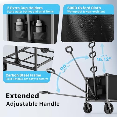 29.3" Collapsible Wagon Cart, 150L Heavy Duty Folding Utility Wagon with Wheels, 260 lbs Load, Portable Rolling Cart for Garden, Shopping, Sports, Camping, Black - Image 6