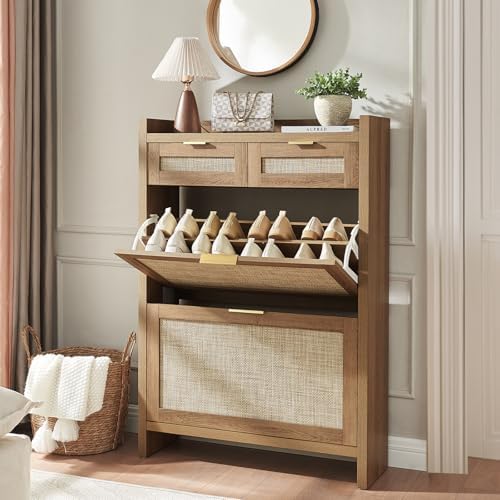 HOKYHOKY Rattan Shoe Storage Cabinet with 2 Drawers & 2 Flip Drawers by HOKYHOKY