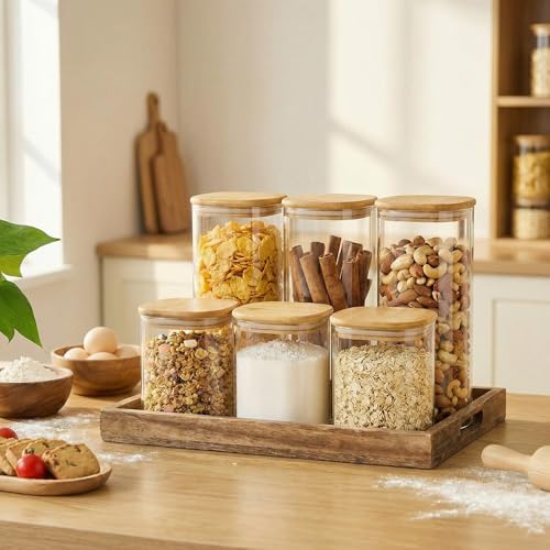 HomArtist Square Glass Jars with Bamboo Lids 30 FL OZ [Set of 6], Glass Canisters with Airtight Lid, Glass Food Storage Container for Pasta, Flour, Sugar, Rice, Best for Kitchen & Pantry - Image 2