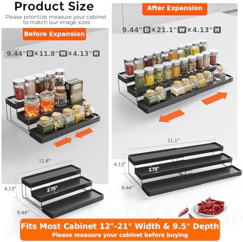 2 Pack Expandable Spice Rack Organizer for Cabinet - 3 Tier Adjustable Cabinet Spice Organizer Easy Visibility - Spice Organizer for Cabinet Countertop Cupboard Pantry Organization (Black) - Image 2
