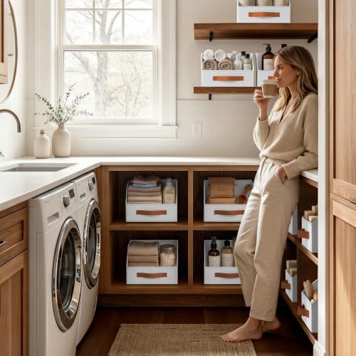 Homsorout Fabric Storage Bins for Organizing - 6 Pack Large Trapezoid Collapsible Storage Bins with Front Handle, Closet Organizers and Storage for Bedroom, Home Shelves, Small Spaces, White - Image 5