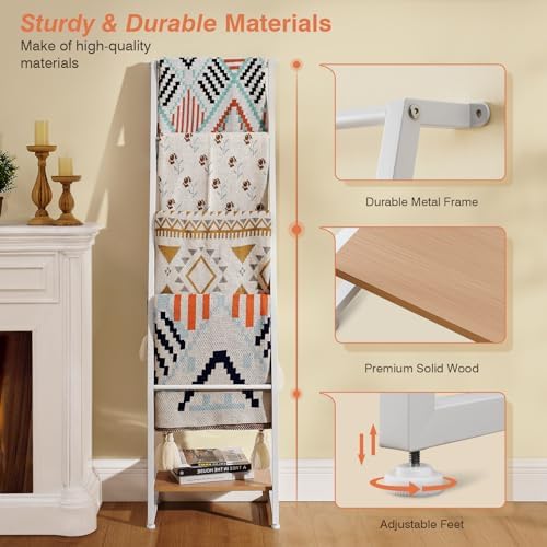 DGWJSU Blanket Ladder, 5 Tier Ladder Shelf,Wooden Blanket Ladders for Living Room and Bedroom, 5.2ft Blanket Holder Rack Farmhouse Ladder Rack for Storage and Home Decor (White) - Image 3