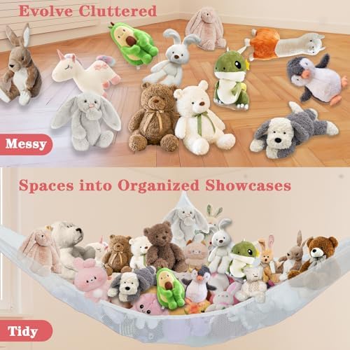 Stuffed Animal Net Hammock Corner Large Toy Storage Organizer Holder Plushies Stuffy Storage Hammock for Kids Baby Nursery Bedroom Playroom Home Wall Room Decor (White) - Image 4