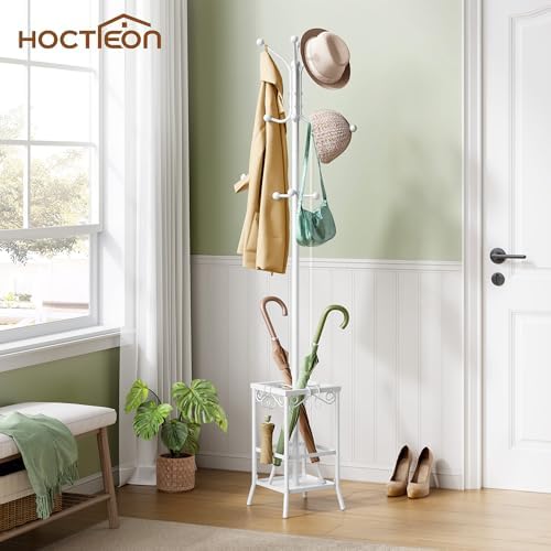 Hoctieon Coat Rack Freestanding, Coat Tree with Umbrella Holder, Metal Coat Rack Stand with 12 Hooks, Standing Coat Hanger Stand, Umbrella Stand for Entryway, Hat Rack Stand for Home Office, White - Image 2