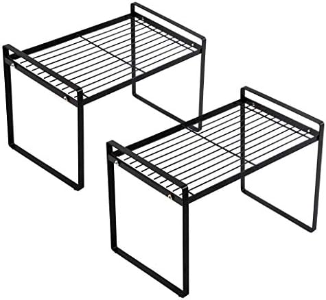 Shantton 2pk Kitchen Cabinet Shelf Counter Organizer Rack Pantry Storage Bathroom Bedroom Office Table Desk Space Saving Steel Frame Stackable Rust Resistant Non Slip Black-Tall-L13in W8.3in H9.5in by Shantton