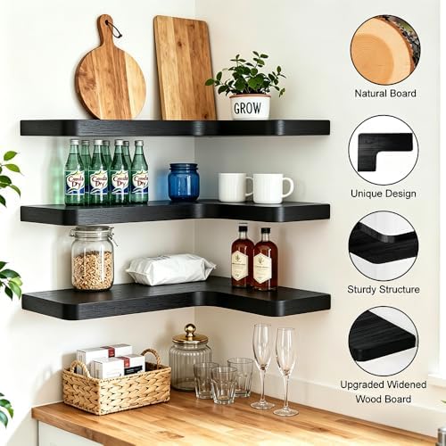 Floating Corner Shelves, Wall Shelf Set of 3, Shelves for Wall Storage, Solid Wood Shelves for Storage, Wall Mount Wooden Display Shelf for Bathroom Bedroom Kitchen Garage (Black 3 Pcs) - Image 3