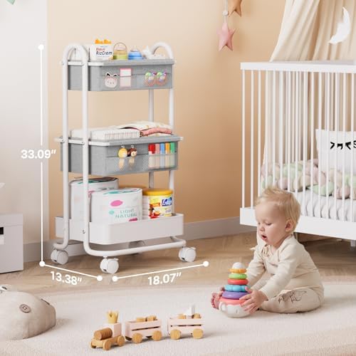 Modanais Baby Diaper Caddy Organizer Cart - 3 Tier Rolling Cart, Light Gray - Image 2