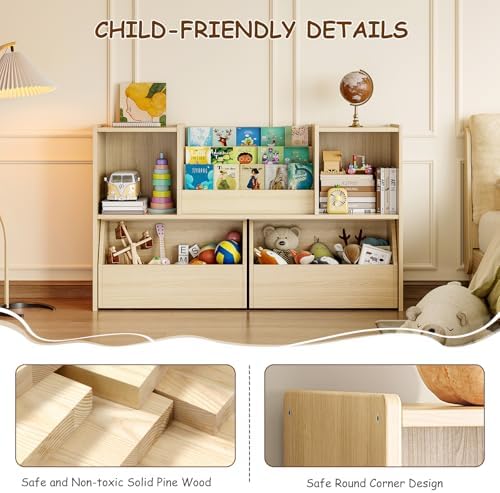 EXPERLAM Solid Wood Kids Bookshelf and Toy Storage Organizer, 3-in-1 Montessori Bookcase with Storage Cubbies and 2 Rolling Toy Bins, Toddler Bookshelf for Kids Room, Playroom, Nursery - Image 5