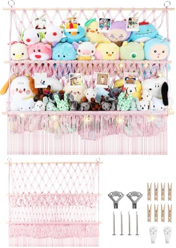2 Tier Stuffed Animal Storage Shelf Net 35x30'' Large Stuffy Storage Pink by iHansee