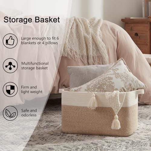 OIAHOMY Large Blanket Basket, 65L Cotton Rope Woven Laundry Basket, Toy Bin for Baby Room, Container for Blanket Storage in Living Room, 20''×16''×12'', Brown & White - Image 6