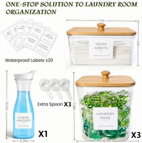 4+1 Pack Laundry Pods Containers & Dryer Sheet Holder & Laundry Detergent Dispenser, Laundry Room Organization and Storage Jars with Lids, Labels and Scoops for Scent Booster, Powder, Pods - Image 2