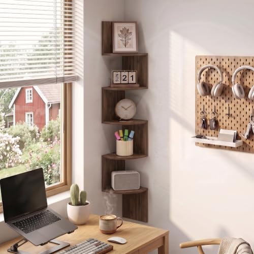 Furinno Rossi 5-Tier Corner Floating Book Shelves for Wall, Columbia Walnut - Image 2