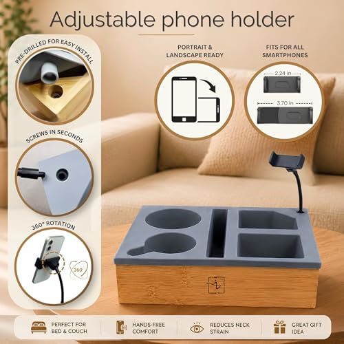Couch Caddy with Cup Holder | Wood Couch Cup Holder Tray for Drinks, Snacks & Remotes | Sofa Couch Organizer with Phone & Cup Holder Tray (Grey) - Image 4