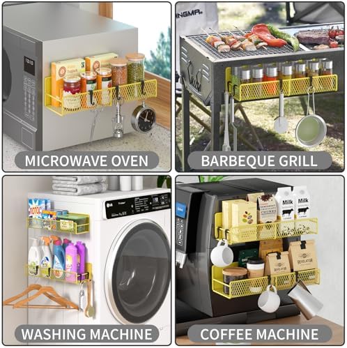 Magnetic Spice Rack for Refrigerator, 2 Pack 100% Metal Strong Magnet Shelf, Space Saving Spice Organizer W/ Hooks, Movable Magnetic Fridge Shelf, Kitchen Home Laundry Room Storage Organization,Yellow - Image 6