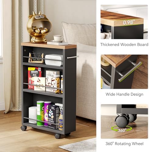 LITTLE TREE Slim Rolling Storage Cart, 3 Tier Snack Cart with Wheels for Kitchen, 6.3 Inch Wide Bathroom Organizer Shelves, Wooden Utility Cart for Laundry Room, Black - Image 5