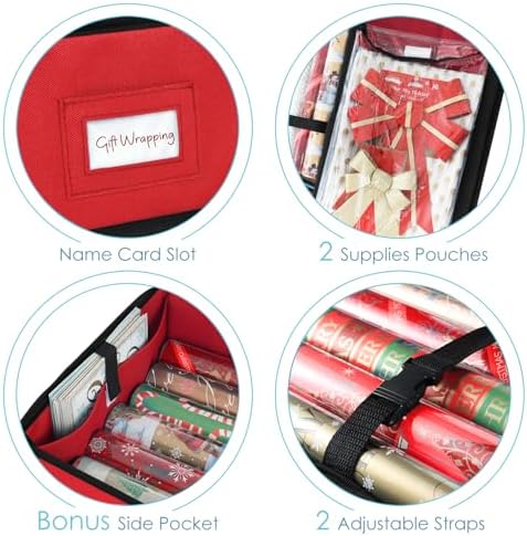 Hearth & Harbor Wrapping Paper Storage Container - Christmas Storage Bag with Interior Pockets - Gift Wrap Organizer Fits Up to 22 Rolls of 40" - Tear Proof, Red - Image 4