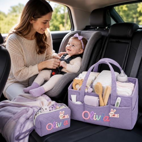 Personalized Diaper Caddy Organizer Baby Basket with Tote Bag Pouch - Image 2