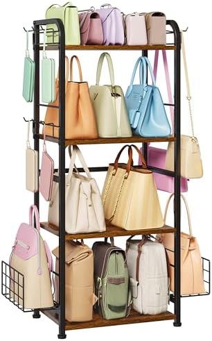 koozuuyk 4-Tier Purse Organizer for Closet with 3 Side Hooks and 2 Baskets, High Capacity Purse Rack Stand for Purse Storage, Metal & Wood Handbag Holder for Handbag Organizer, Patent Pending by HOOBRO