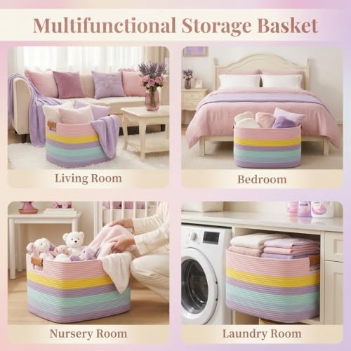 danpinera Large Laundry Basket, 108L Rectangle Woven Baskets for Storage for Living Room, Laundry, Nursery, Pillows, Baby Toy chest, Blanket Storage with Leather Handle, 25’’*16’’*16’’ Rainbow - Image 5