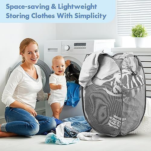 2 Pack Pop Up Laundry Hampers, 70 L Collapsible Foldable Mesh Basket, Gray - Image 6