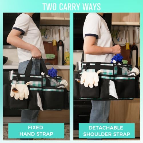 SCAVATA Wearable Cleaning Caddy, Cleaning Caddy Supplies Organizer with Handle & Shoulder Straps for Housekeepers, Under Sink & Car Cleaning Tool Organizers Bag with 4 Foldable Divider (BluePlaid) - Image 6