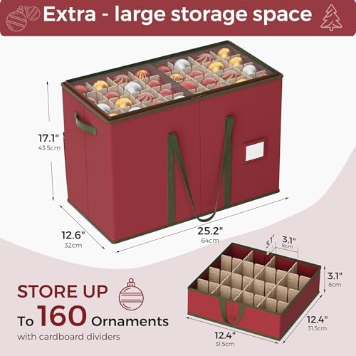 160-3” Large Christmas Ornament Storage Box, Dual Zippers, Stackable Christmas Storage Container with Clear Top Lid, 6 Trays, 600D Oxford, Red - Image 3