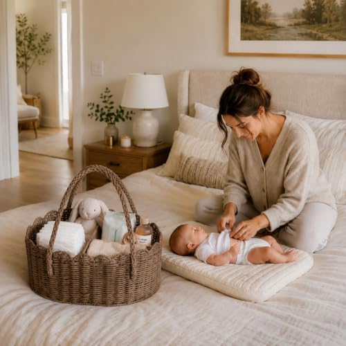 Diaper Caddy Organizer, Paper Rope Storage Baskets Nursery Bin with Removable Divider, Portable Car Organizer for Diapers, Baby Shower Gifts, Newborn Essentials Must Haves (Brown) - Image 5