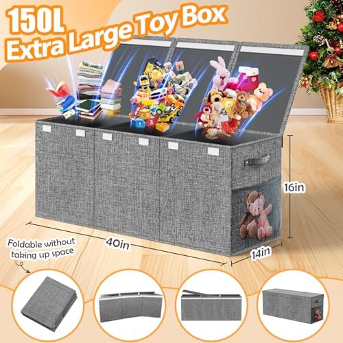 Rocamdo Large Toy Storage Box with Lid & Dividers, Kids Toy Chest, Gray - Image 2