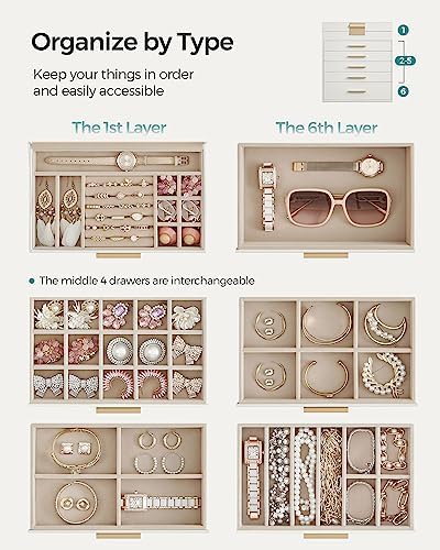 SONGMICS Jewelry Box Organizer, 6-Layer Storage with 5 Drawers, Glass Lid - Image 4