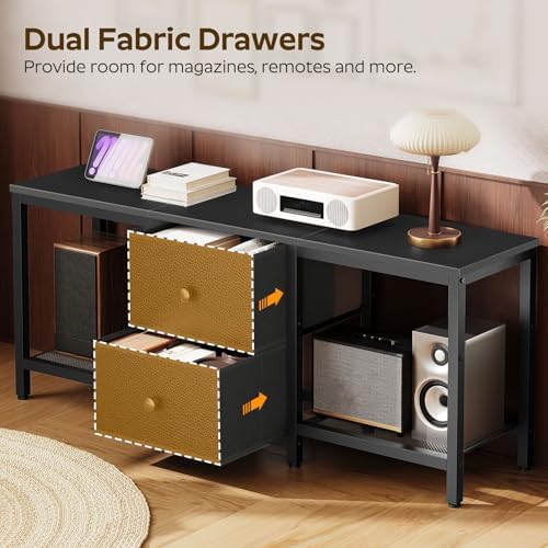 YATINEY TV Stand for TVs up to 55", Entertainment Center with 2 Fabric Drawer, Media Console with Shelves, Television Stands for Living Room, Bedroom, Black DS02BB - Image 4
