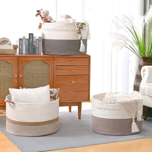 67L Large Blanket Basket, 20"x13" Woven Storage Baskets With Handle, Cotton Rope Blanket Basket Living Room, Baby Laundry hamper for Blanket, Nursery, Toy, Pillow (White & Grey) - Image 5