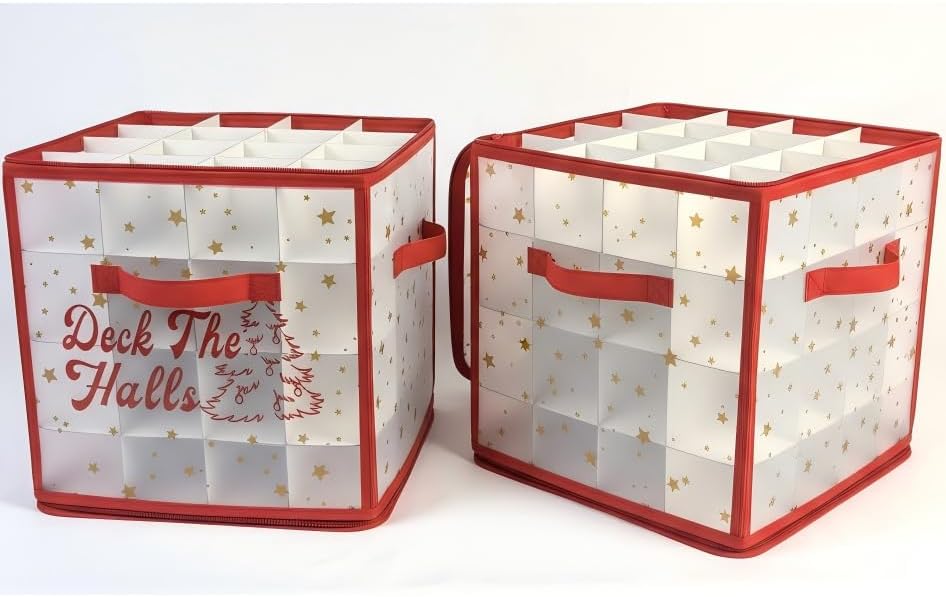 2-Pack Christmas Ornament Organizer Box with Adjustable Dividers for 64 Balls - Frosted Holiday Decor Storage Container, Space-Saving Plastic Christmas Ornaments Protection by Poxel